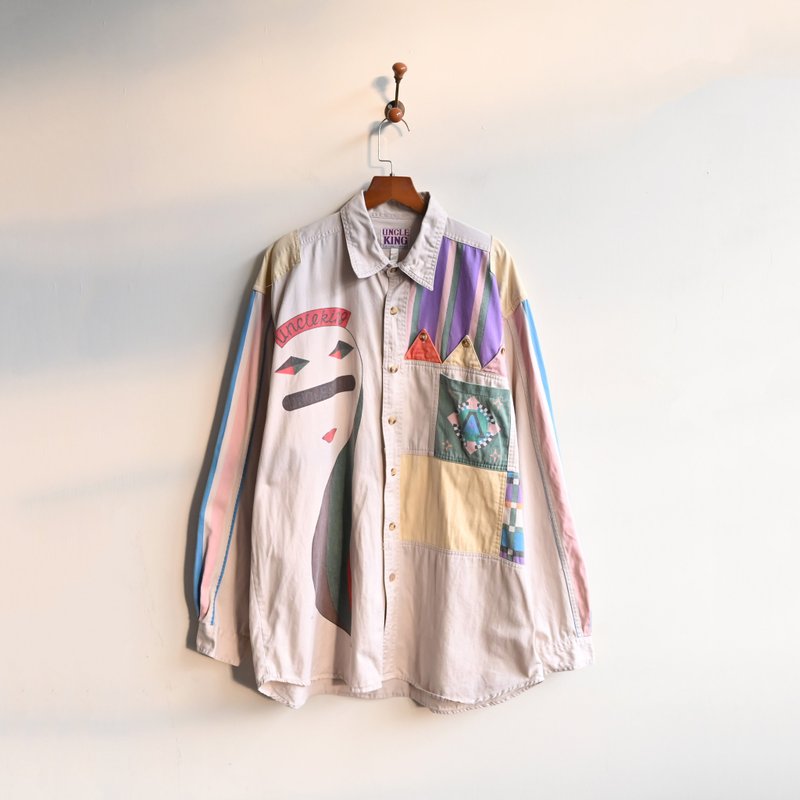 [Egg Plant Vintage] Happy Garden Tour Color Block Loose Vintage Shirt - Women's Shirts - Other Man-Made Fibers 