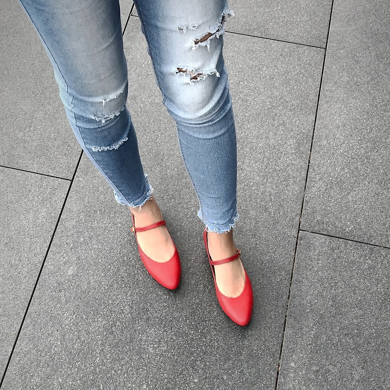Mary Jane Red (Red) Low Heels Mary Jane | WL - รองเท้าบัลเลต์ - หนังแท้ สีแดง