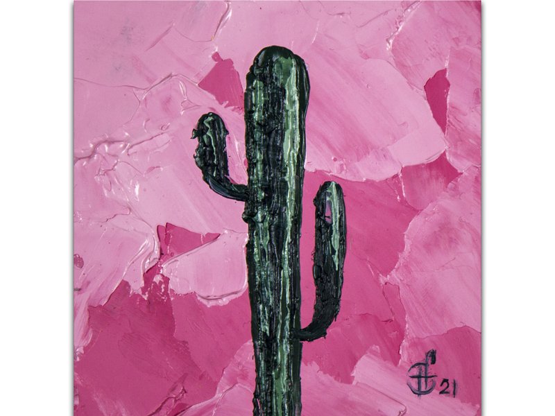 Cactus Painting Floral Original Art Impasto Flower Artwork Small Oil Painting - 海報/掛畫/掛布 - 其他材質 粉紅色