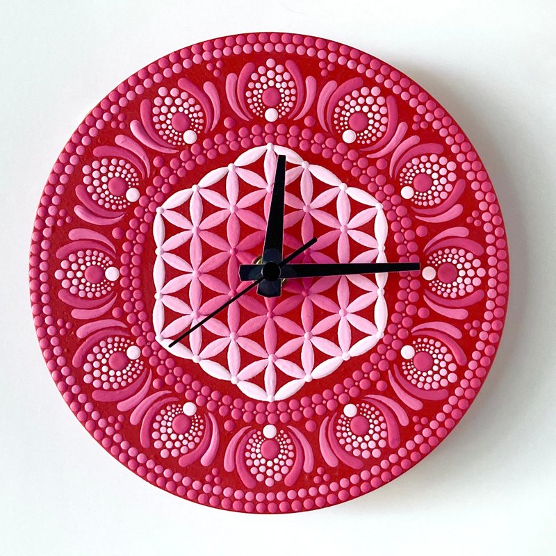 Wall clock Red Flower of Life Dot Mandala - โปสเตอร์ - ไม้ สีแดง