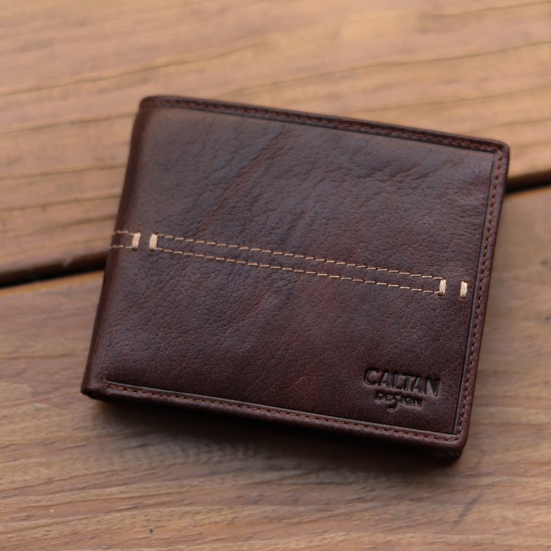 Wallet / leather / short clip handsome leather stitched short clip -071769yn deep men's wallet recommended - Wallets - Genuine Leather Brown