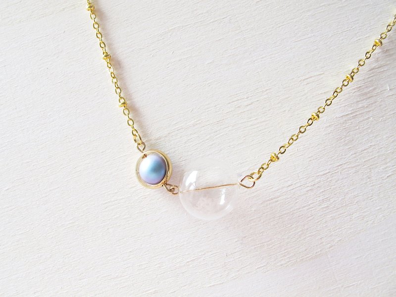 Rosy Garden glass ball with light blue cotton pearl necklace - Chokers - Glass Blue
