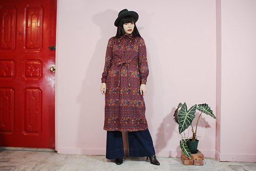 Fairy Farm Factory Vintage洋裝(日本製裏標)紅色花紋附腰綁帶長袖日本古著洋裝(Made in Japan)