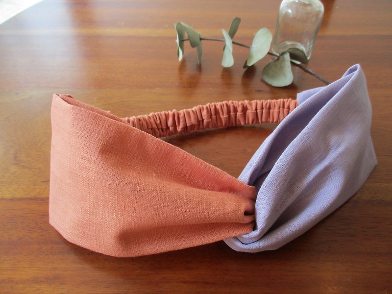 交叉髮帶(鬆緊手工)-雙色淺橘/淺紫 - 髮飾 - 棉．麻 多色