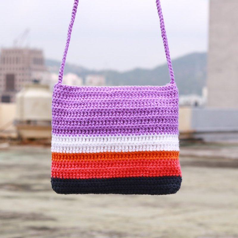 Handmade crochet cross-body bag - 5 purple matching - กระเป๋าแมสเซนเจอร์ - ผ้าฝ้าย/ผ้าลินิน สีม่วง