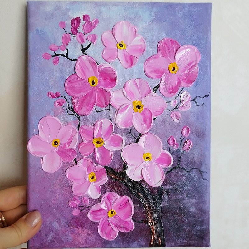 Transform Your Space with Sakura Acrylic Art: Cherry Blossom Textured Painting - Wall Décor - Acrylic Multicolor