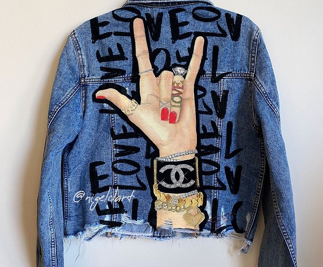 Painted Denim Jacket Handmade Custom jacket Chanel gift for her Gift