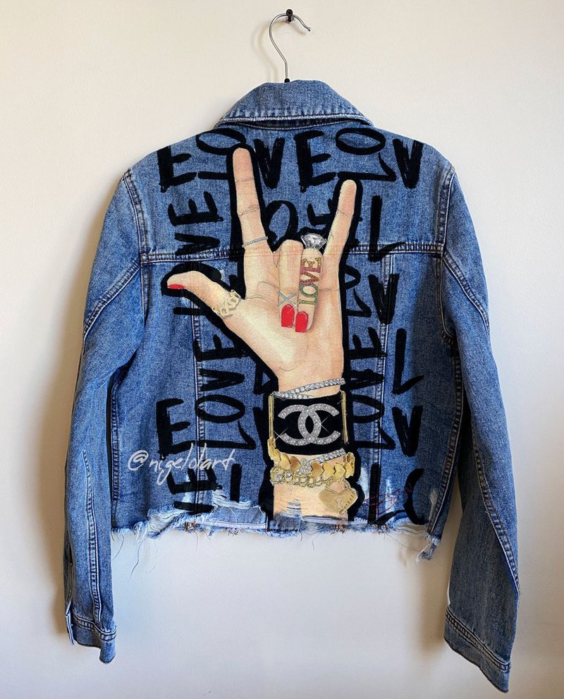 Painted Denim Jacket Handmade Custom jacket Chanel gift for her Gift - 女大衣/外套 - 棉．麻 多色