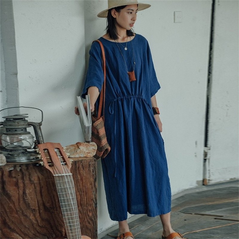 Indigo Bat Sleeve Loose Casual Linen Dress Large Size Round Neck Dress Maxi Dress - One Piece Dresses - Cotton & Hemp Blue