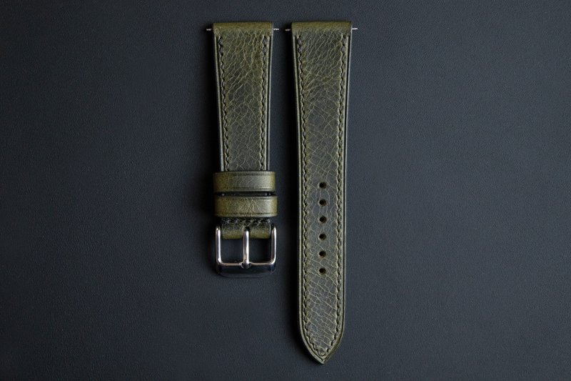 Olive Green Wax cowhide leather custom watch strap (Flat design) - 錶帶 - 真皮 綠色