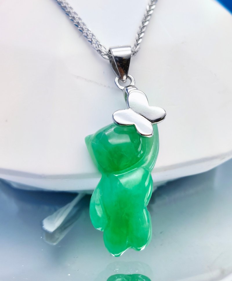 Silver Collection - Icy green purple jadeite silver bear pendant w necklace - พวงกุญแจ - เครื่องเพชรพลอย 