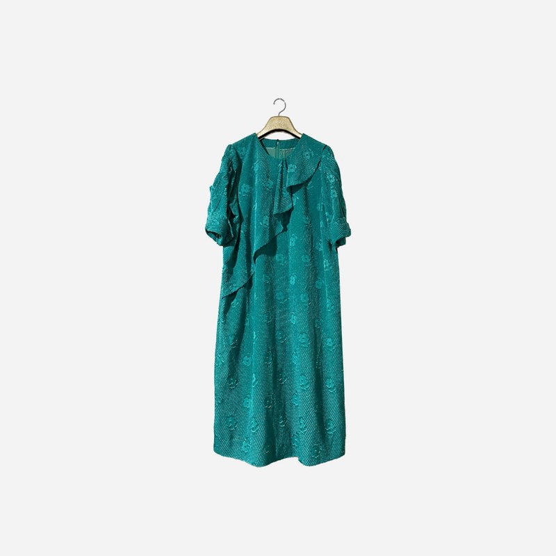 Dislocated vintage/ Teal flower wave dress no.1535A1 vintage - ชุดเดรส - วัสดุอื่นๆ สีน้ำเงิน