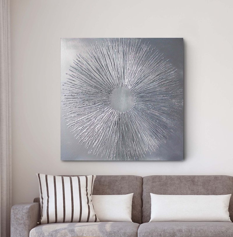 Silver painting canvas |Silver wall art |Silver abstract painting | Silver Sun 2 - 壁貼/牆壁裝飾 - 棉．麻 銀色