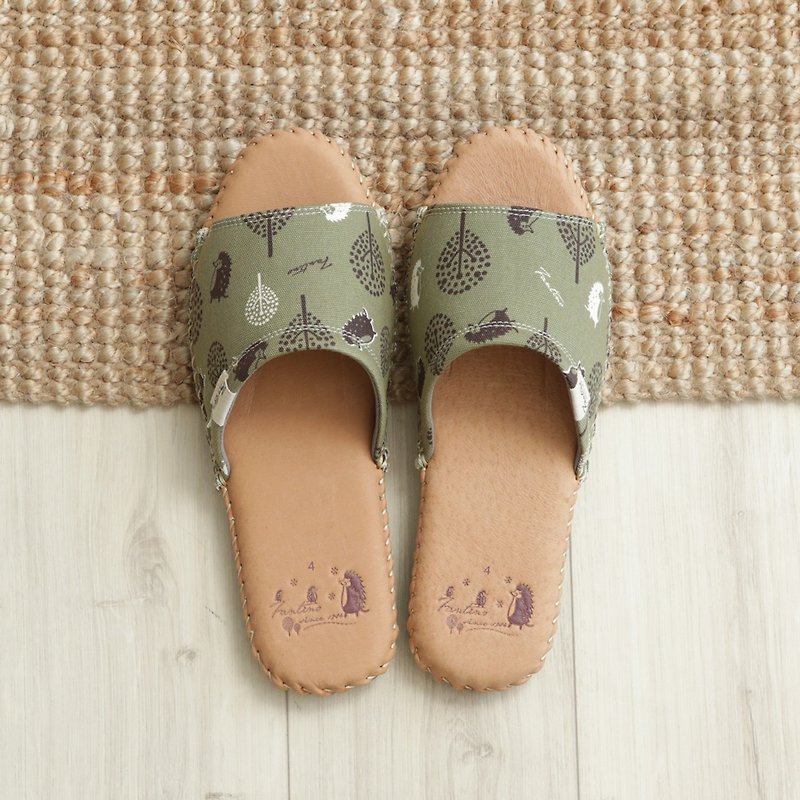 Hand-stitched leather indoor slippers - jungle hide-and-seek - (Matcha green) - Indoor Slippers - Genuine Leather Green