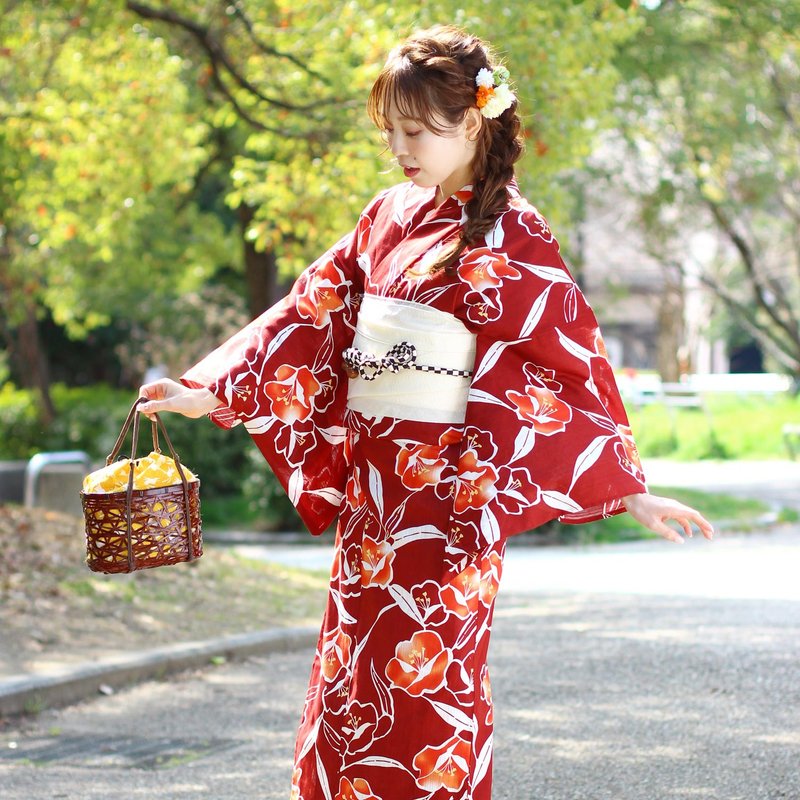 Women's Domestic Dyed Yukata Obi 2-Piece Set F Size x71-b4 yukata - อื่นๆ - ผ้าฝ้าย/ผ้าลินิน สีแดง