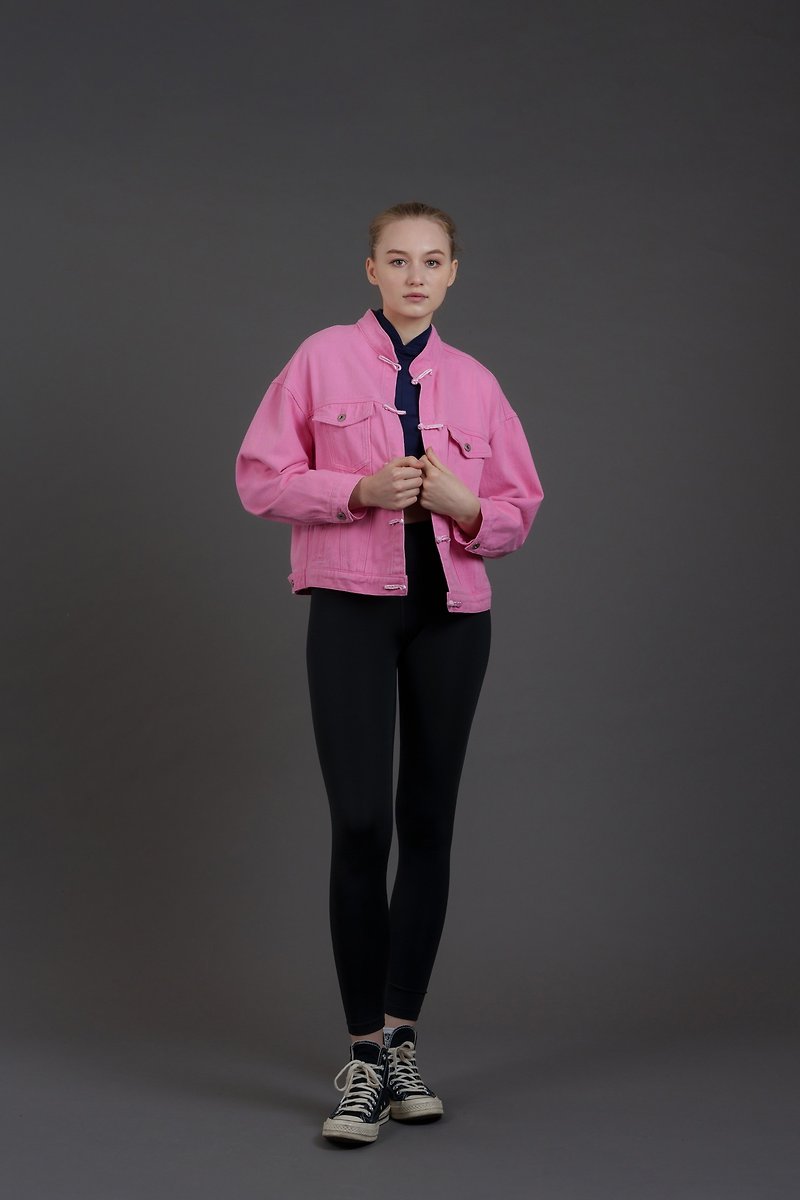中式唐裝牛仔外套 (粉紅色) - 外套/大衣 - 棉．麻 粉紅色