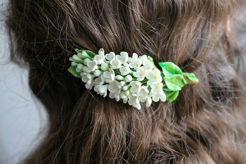 花のヘアピン ウェディングヘアピン 珍しいギフト ライラックのヘアピン - ヘアアクセサリー - 粘土 ホワイト