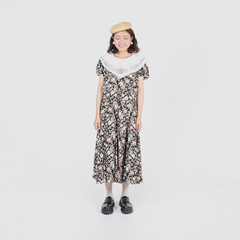 [Egg plant vintage] Paris lunch embroidery double collar printing vintage dress - One Piece Dresses - Polyester 