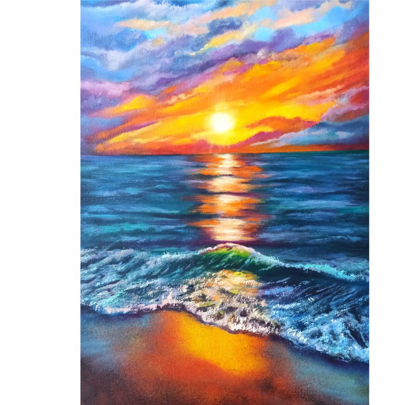 Sunset Seascape Oil Painting on Canvas 60x40cm Ocean Original Artwork - 海報/掛畫/掛布 - 其他材質 