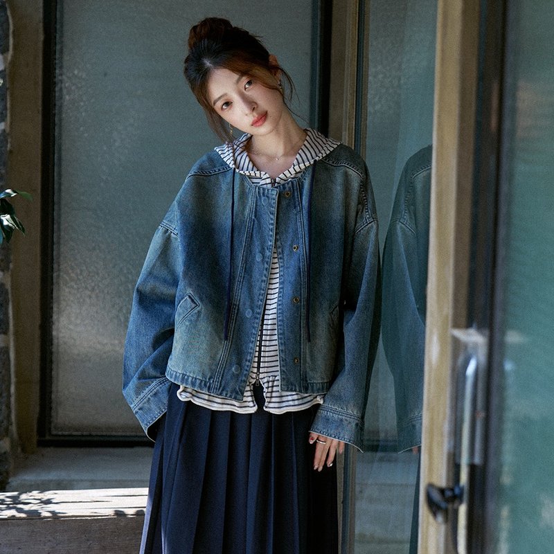 Short washed denim jacket | Jacket | Autumn | Sora-1589 - Women's Casual & Functional Jackets - Cotton & Hemp Blue