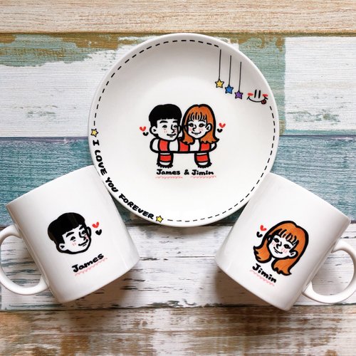 思想的船S.T客製人像 客製化/情侶.結婚禮/夫妻對杯2入+盤子1入-福袋組