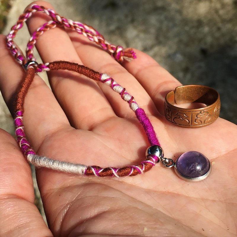 【Lost and find】西藏 祈福 紫水晶 手帶 銅指環 咒文 套裝 - 手鍊/手環 - 寶石 紫色