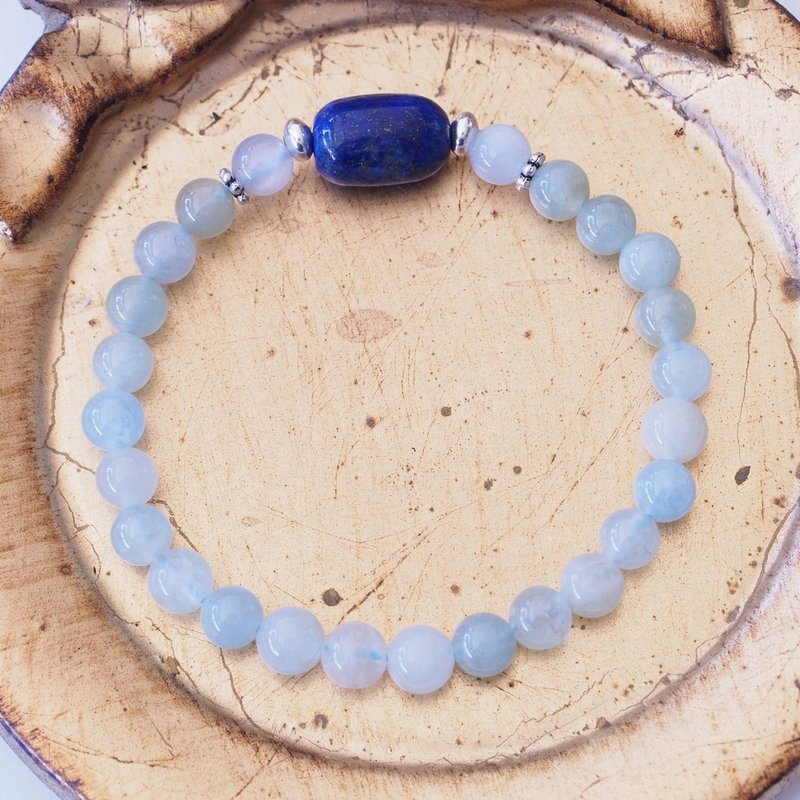 青金石 灰月光石 綠柱石 純銀手環 Lapis Lazuli Silver Bracelet - 手鍊/手環 - 半寶石 藍色