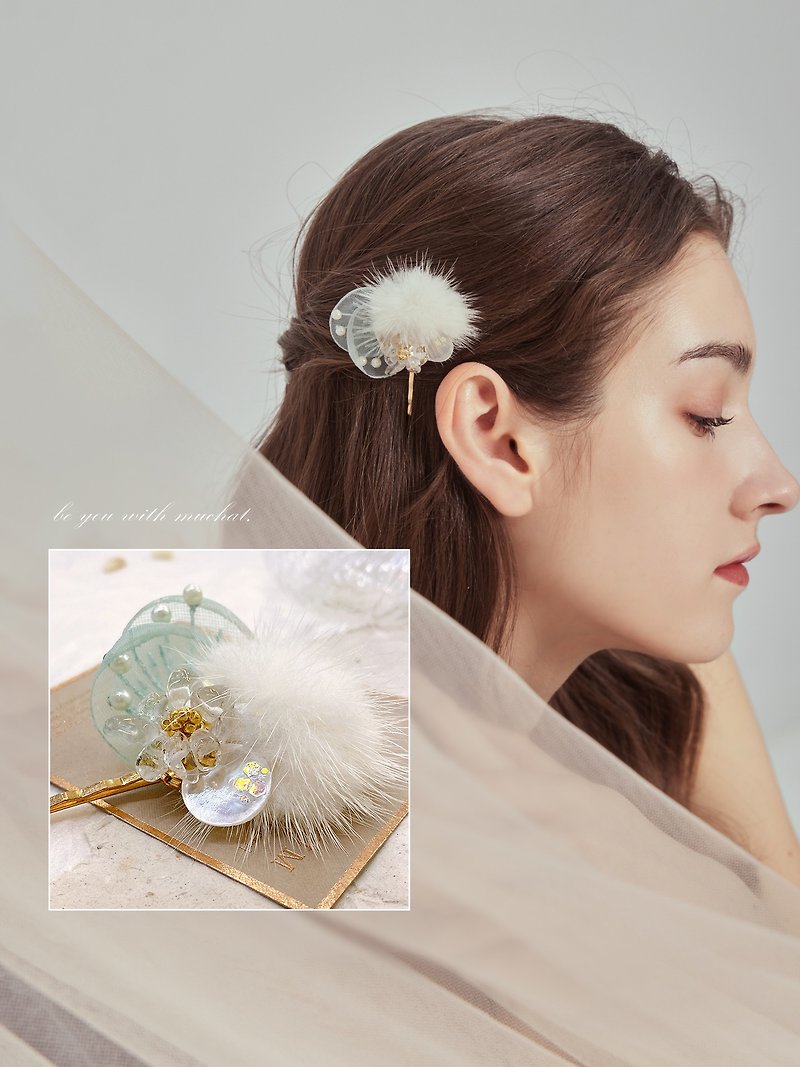 Loving the sky. MUCHAT handmade crystal gauze flower shell hair ball hairpin/one-piece clip - เครื่องประดับผม - เส้นใยสังเคราะห์ สีเขียว