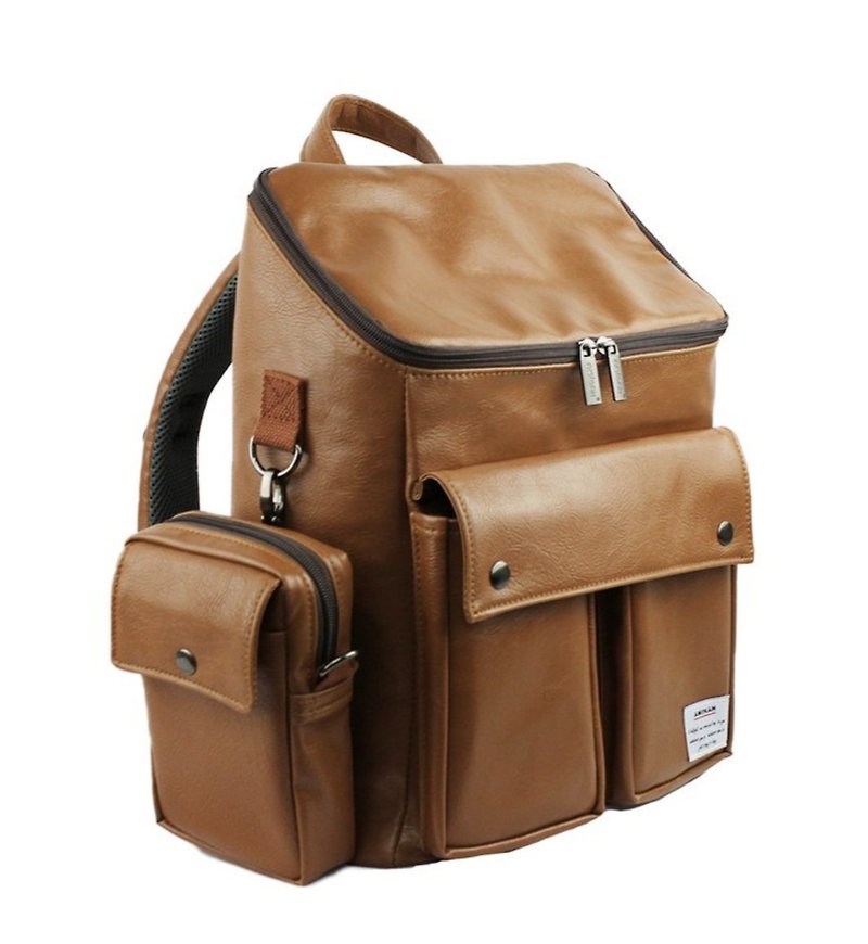 [Customized Gift] AMINAH-Brown British Retro Backpack [am-0303]-Custom Branding - กระเป๋าเป้สะพายหลัง - หนังเทียม สีนำ้ตาล