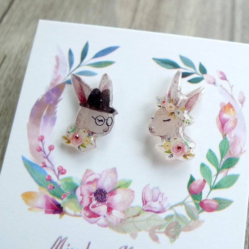 Misssheep-U36-兔子小姐的婚嫁 水彩手繪風格 兔子 不對稱 手作耳環 (耳針/耳夾) (一對) - 耳環/耳夾 - 塑膠 