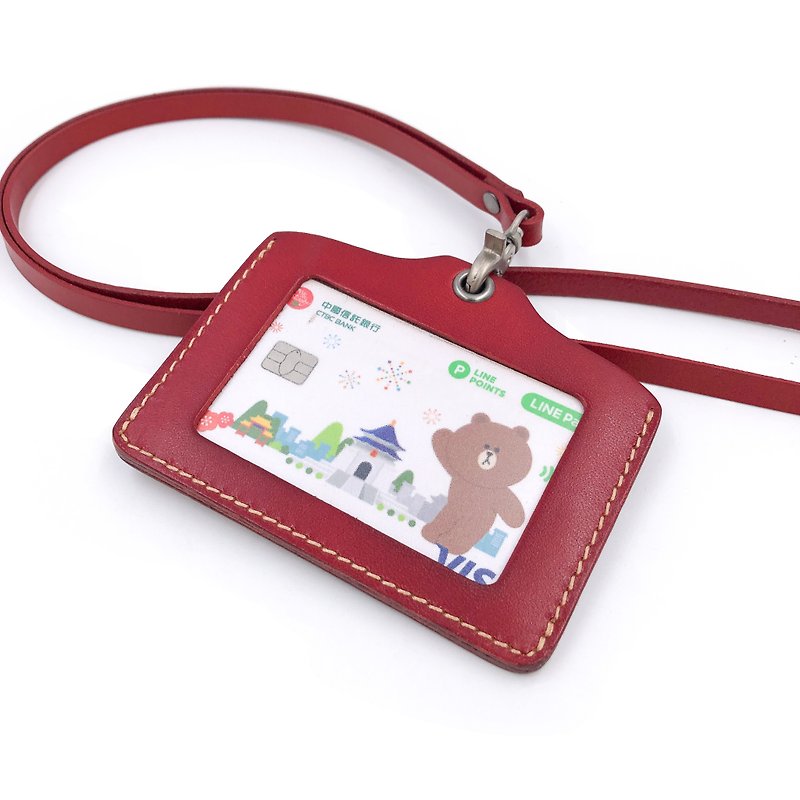 手工植鞣皮革-證件套(橫式套組) leather ID badge cover - 證件套/卡套 - 真皮 紅色
