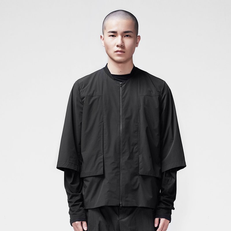 TRAN - 立體口袋七分袖外套 - 外套/大衣 - 聚酯纖維 黑色