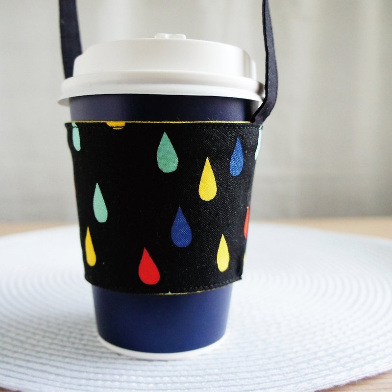 Lovely [Japanese cloth] color ink point drink cup bag, bag, green cup set [black bottom] - Beverage Holders & Bags - Cotton & Hemp Black