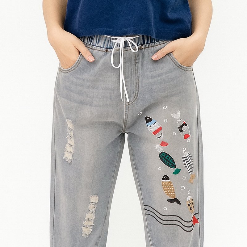 Fish Pants - 刺繡魚紋九分褲 - 女裝闊腳褲/長褲 - 棉．麻 藍色