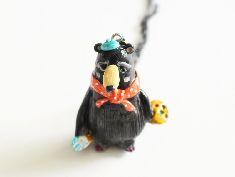 Painter Black Bear handicraft necklace - one of a kind handmade gift - สร้อยคอ - ดินเผา สีดำ