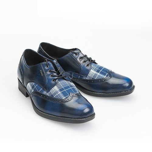 PUHU 彪琥 - 有型又好行的第一首選 MIT 【牛皮格紋拼接輕量紳仕皮鞋-藍】紳士鞋 德比鞋 英倫風皮鞋