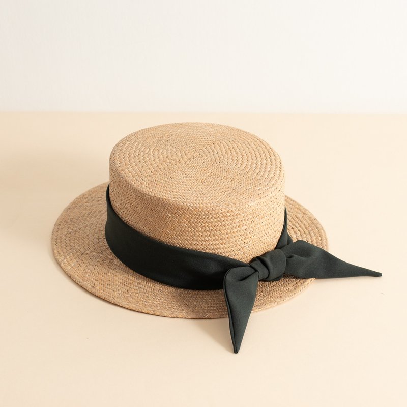 Short-brimmed boatman hat with bow tie/rush braid/adjustable hat girth/classic style/medium braid style - Hats & Caps - Plants & Flowers 