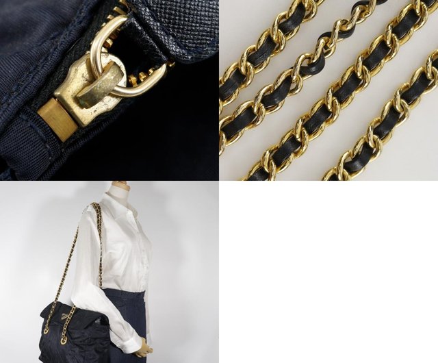 美品✨プラダ チェーンショルダーバッグ キルティング ナイロン レザー 金 濃紺 美品 PRADA プラダ チェーンショルダーバッグ ナイロン