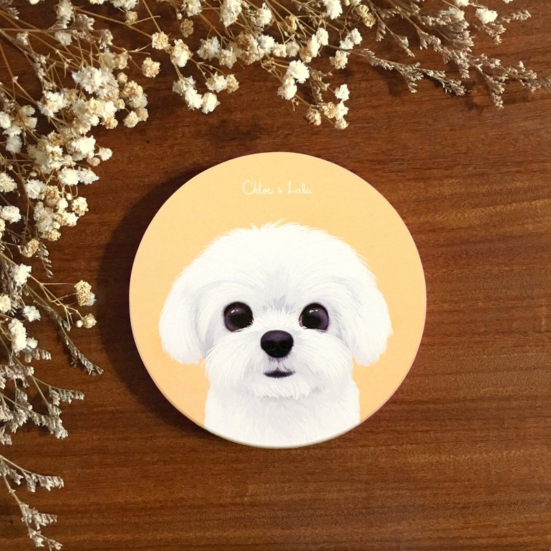 Wangmiao ceramic absorbent coaster-Smiling Maltese - ที่รองแก้ว - ดินเผา สีเหลือง