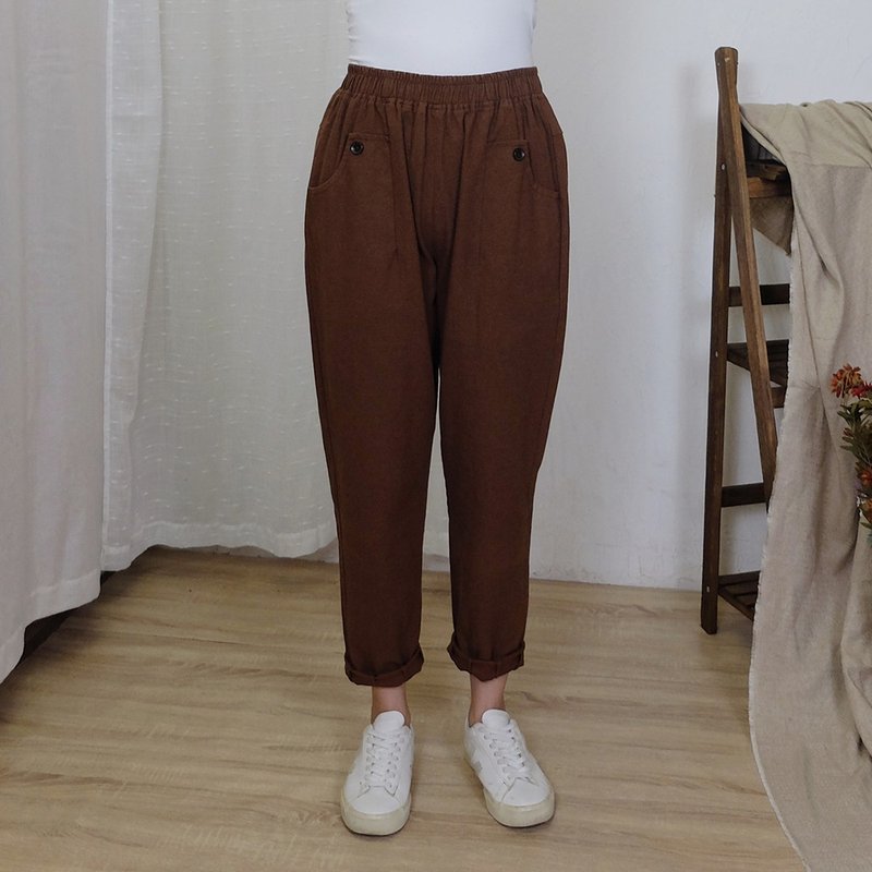 Hana Mokuba elastic waist large pockets loose casual trousers - กางเกงขายาว - วัสดุอื่นๆ 