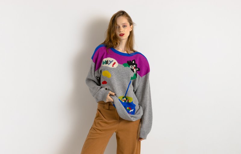 80s Vintage Wool Abstract Pattern Print Woman Sweater 7844 - 女毛衣/針織衫 - 羊毛 多色