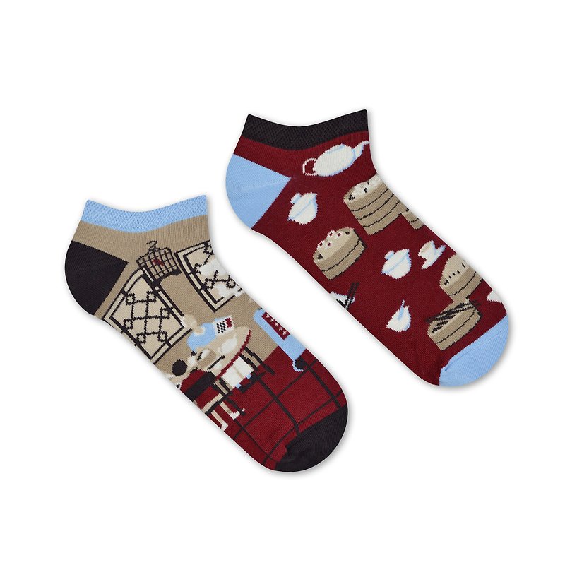 【Hong Kong Foodie】Yum Cha Mismatched Adult Low Socks - Socks - Cotton & Hemp Red