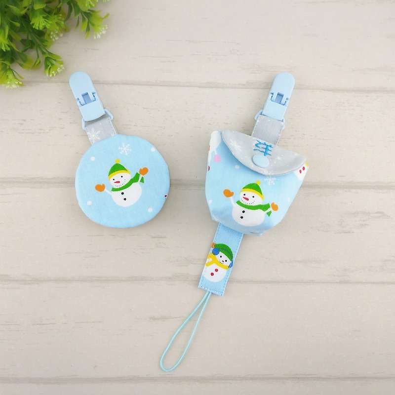 Happy Snowman-2 colors are available. 3-piece set. Safe charm bag + pacifier bag + pacifier chain (name can be embroidered) - Baby Gift Sets - Cotton & Hemp Blue