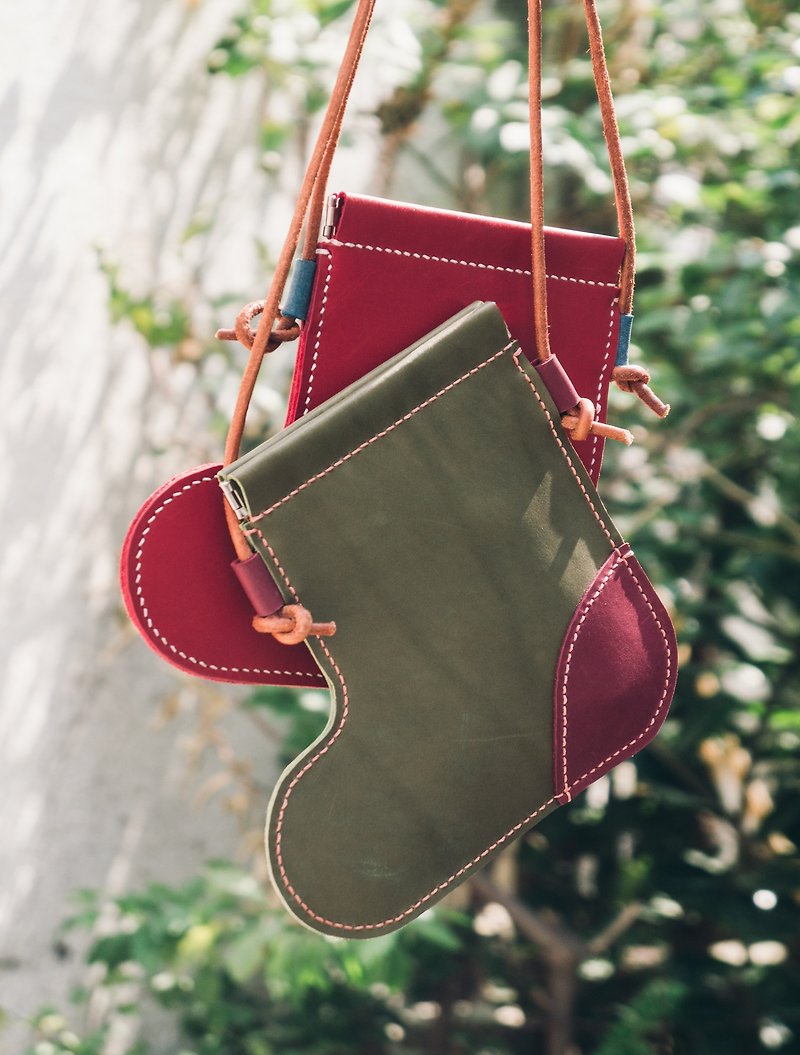 #職人縫製 口金聖誕靴 /皮繩 / W1-032/成品 - 側背包/斜孭袋 - 真皮 多色