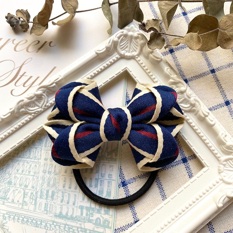 Striped Ribbon Studded Bow/Dark Blue - Hair Accessories - Other Materials Blue