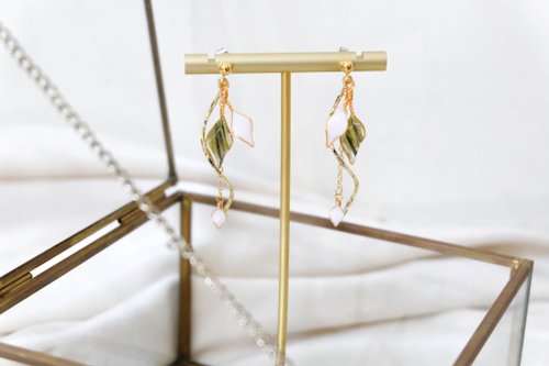 光點手感溫飾 Lit Handmade Accessorie 耳針x耳夾水晶花 夜光叢林-簡約葉子版(綠白) 光點飾品