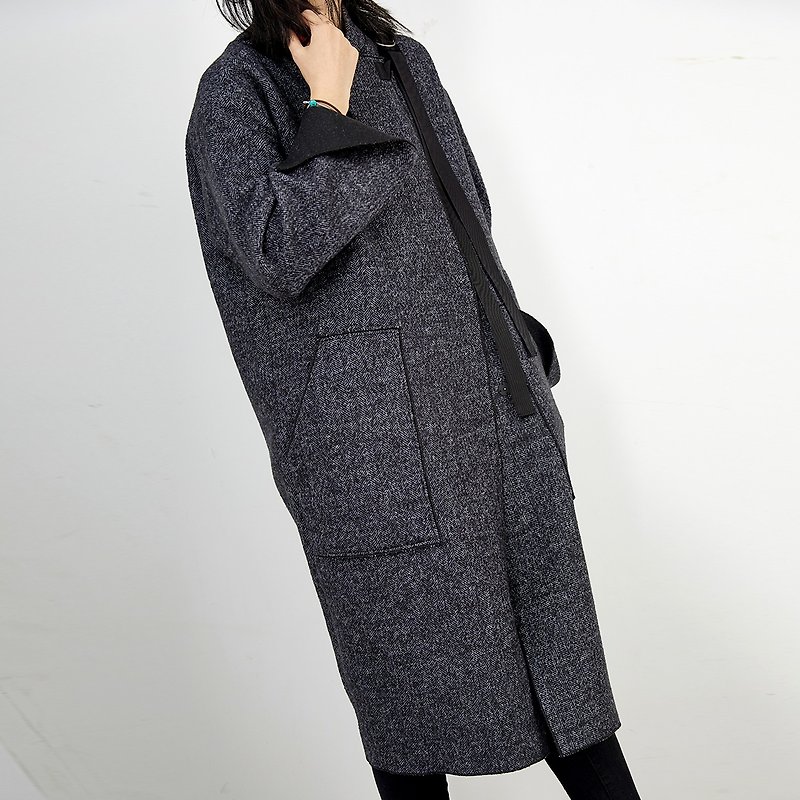 Gaoguo GAOGUO original design women's spring dark gray herringbone pattern dense edge profile thin mid-length coat jacket - Women's Casual & Functional Jackets - Wool Gray