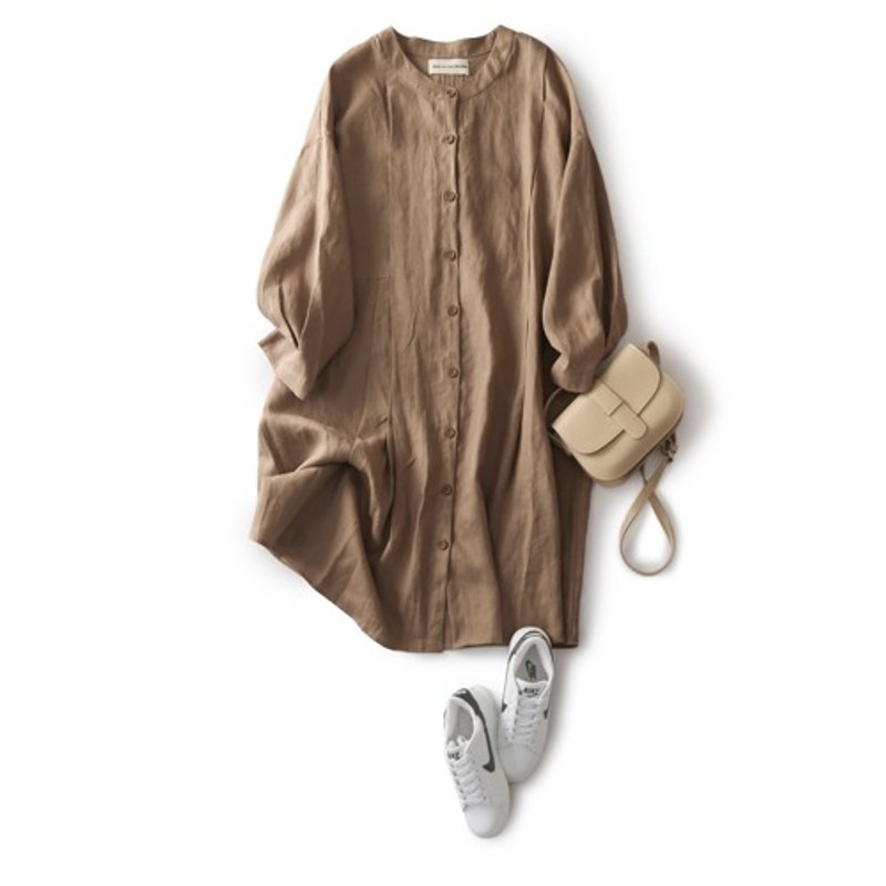 Make your outfit stand out with this linen long shirt dress, thin long outerwear, dark brown 191011-1 - One Piece Dresses - Cotton & Hemp 