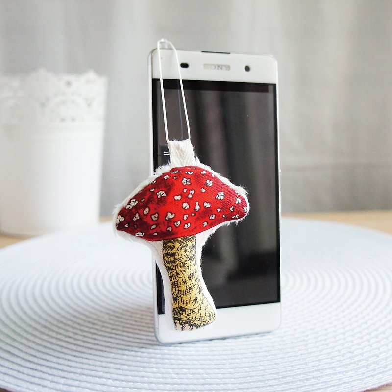Lovely red mushroom earphone dust plug, wipe cloth on the back, and a set of 2 sizes for mobile phone straps - Charms - Cotton & Hemp Red