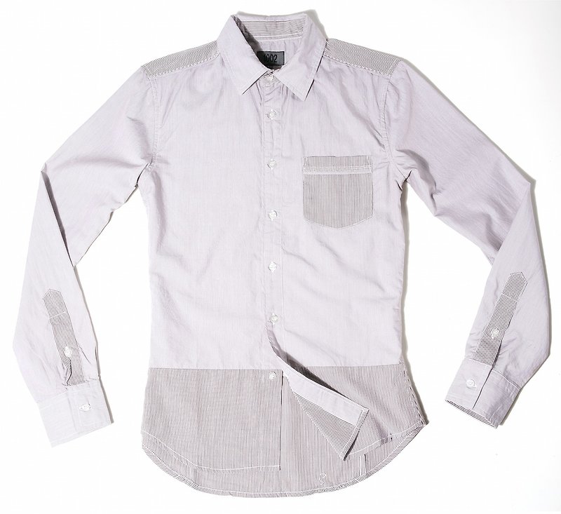 條紋 拼接 咖啡色 長袖襯衫 - 男裝 恤衫 - 棉．麻 